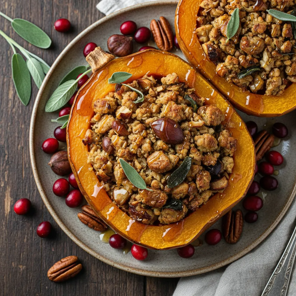 Crispy Chestnut and Sage Stuffed Acorn Squash with Maple Drizzle