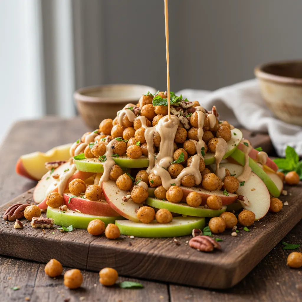 Crispy Chickpea Apple Nachos with Maple Tahini Drizzle