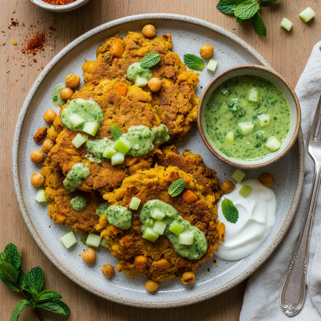 Crispy Chickpea Pumpkin Fritters with Green Apple Mint Sauce