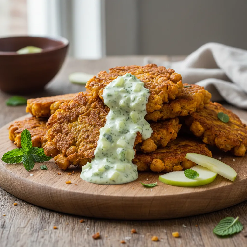 Crispy Chickpea Pumpkin Fritters with Green Apple Mint Sauce