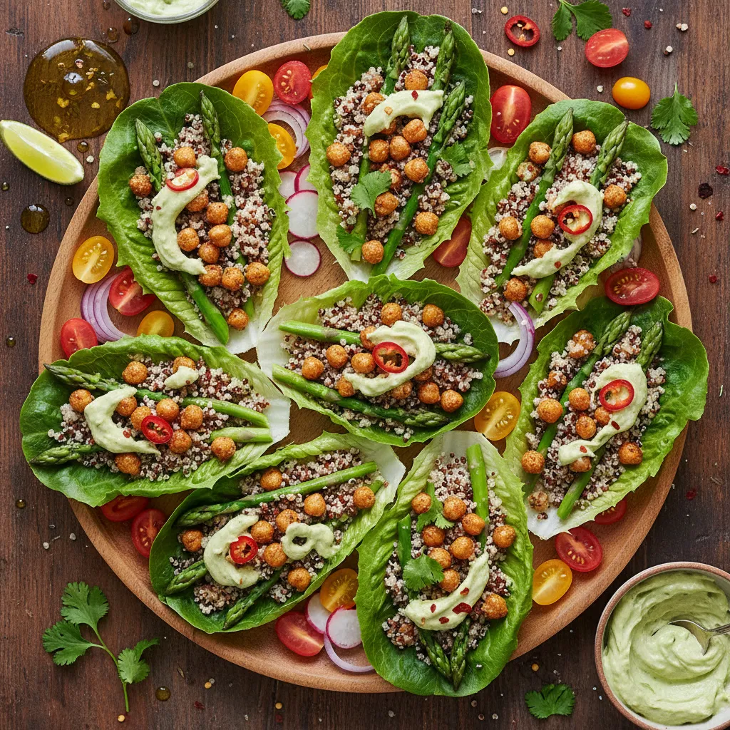 Crispy Chickpea and Asparagus Quinoa Lettuce Wraps with Spicy Avocado Cream