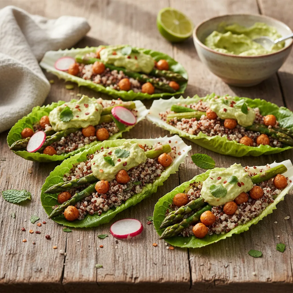 Crispy Chickpea and Asparagus Quinoa Lettuce Wraps with Spicy Avocado Cream