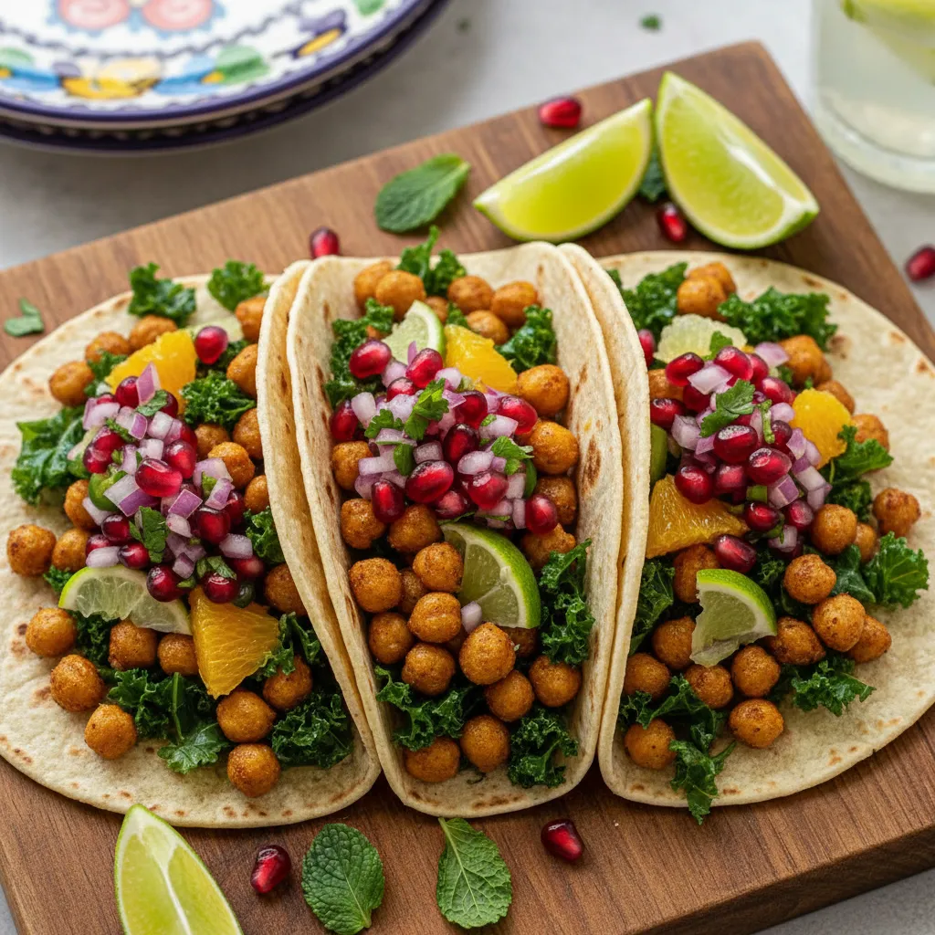 Crispy Chickpea and Citrus Kale Tacos with Pomegranate Salsa