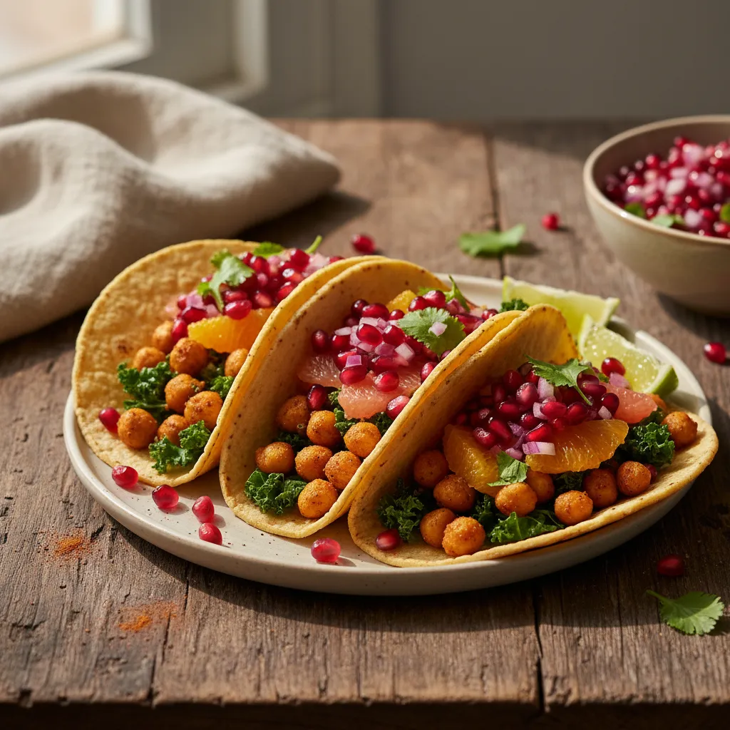 Crispy Chickpea and Citrus Kale Tacos with Pomegranate Salsa