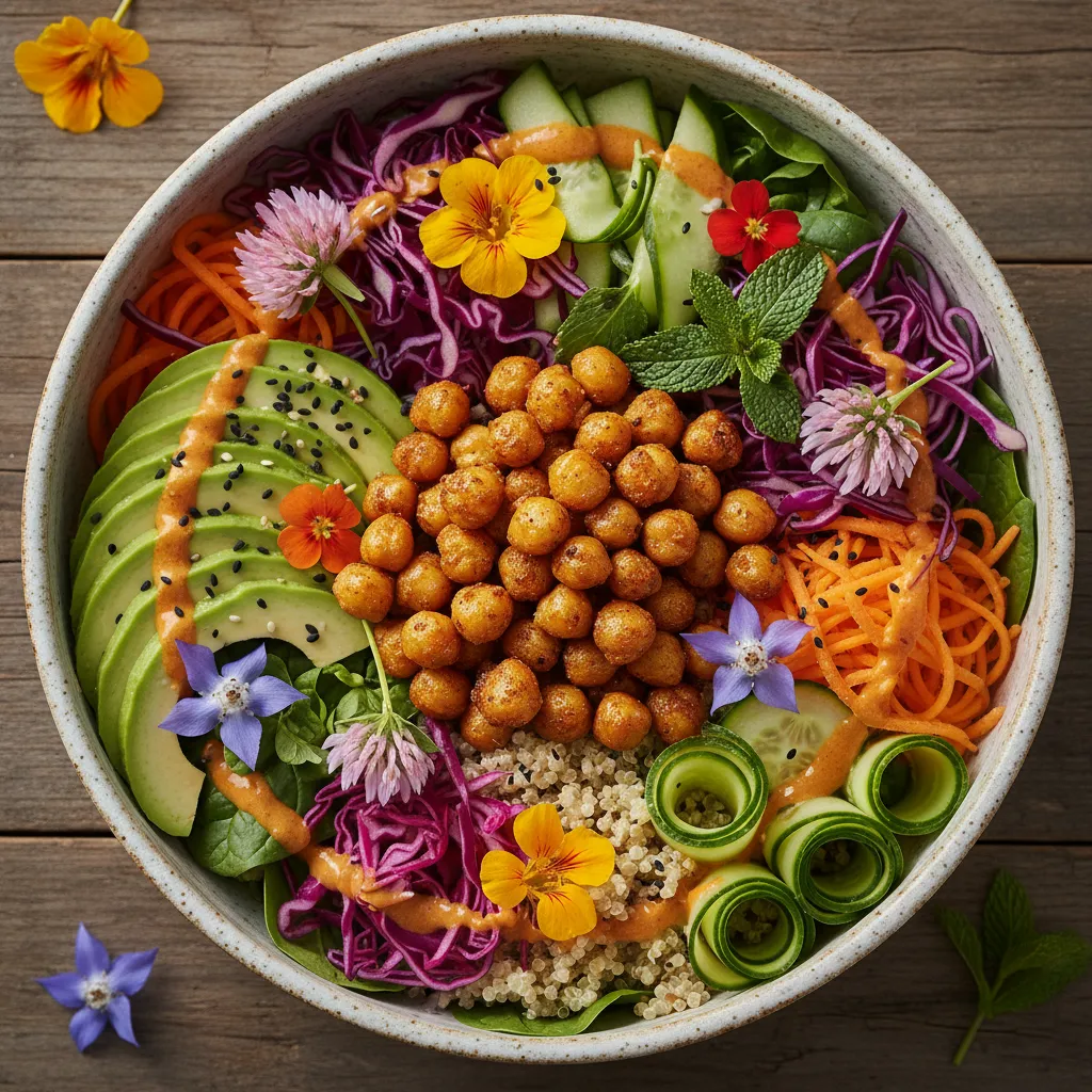 Crispy Chickpea and Edible Flower Buddha Bowl