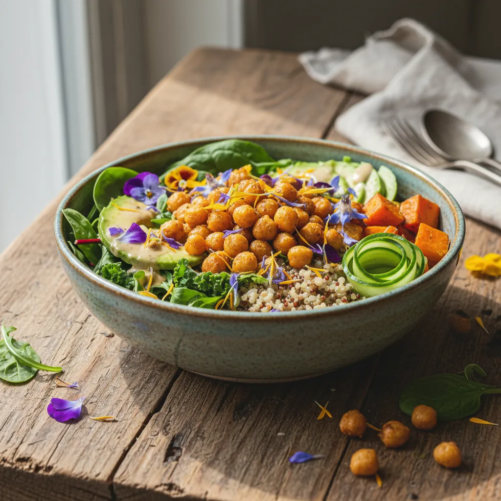 Crispy Chickpea and Edible Flower Buddha Bowl