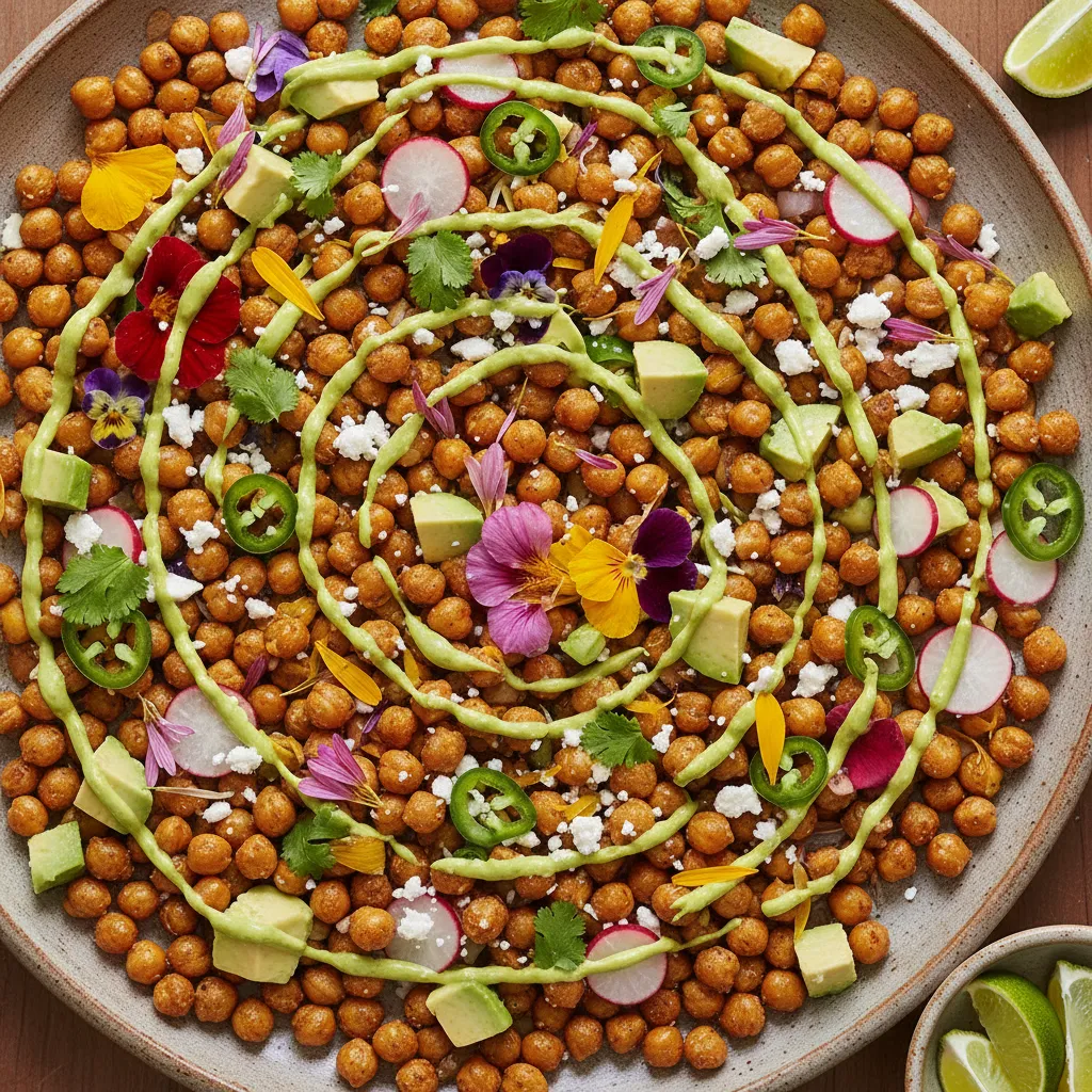 Crispy Chickpea and Edible Flower Nachos with Avocado Lime Drizzle