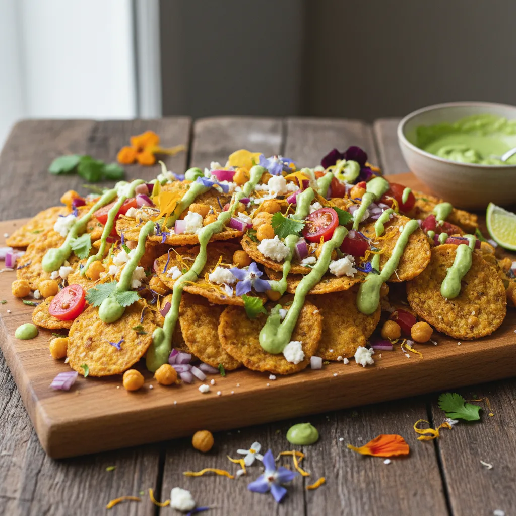 Crispy Chickpea and Edible Flower Nachos with Avocado Lime Drizzle