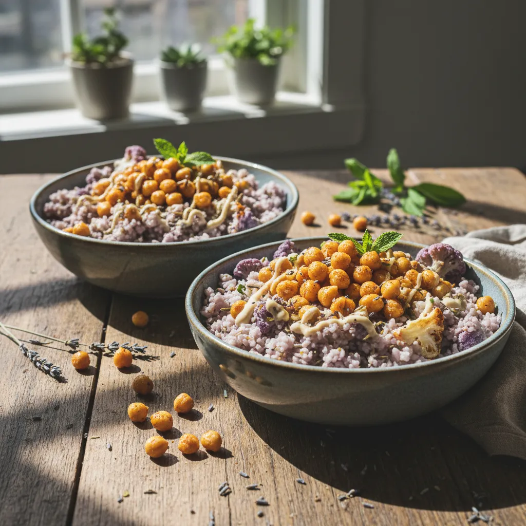 Crispy Chickpea and Lavender Infused Cauliflower Rice Bowls