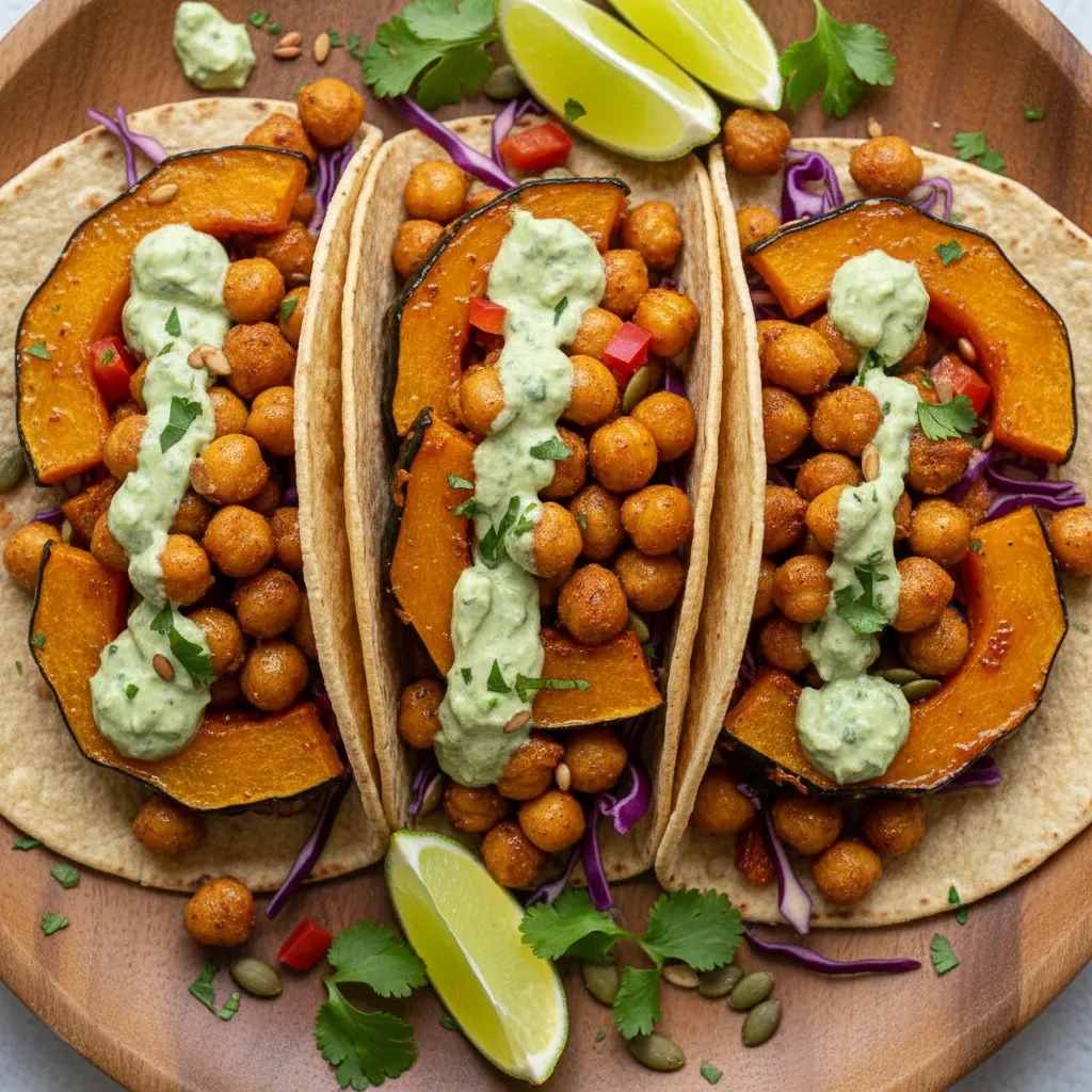 Crispy Chickpea and Maple-Glazed Acorn Squash Tacos with Avocado Dressing