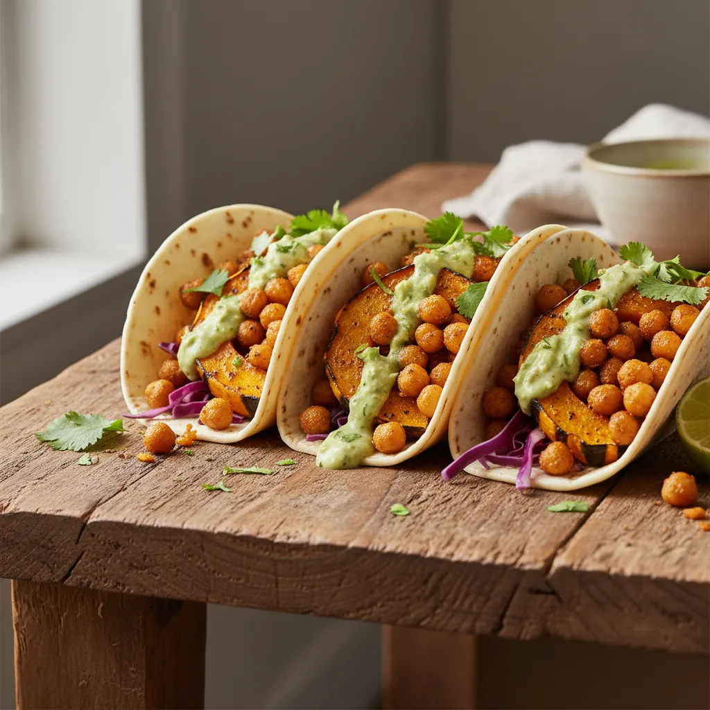 Crispy Chickpea and Maple-Glazed Acorn Squash Tacos with Avocado Dressing