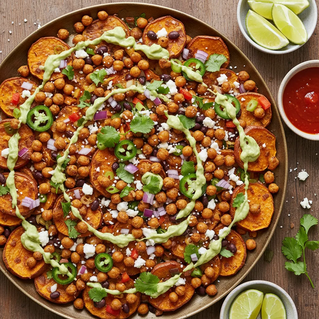 Crispy Chickpea and Sweet Potato Nachos with Avocado Crema