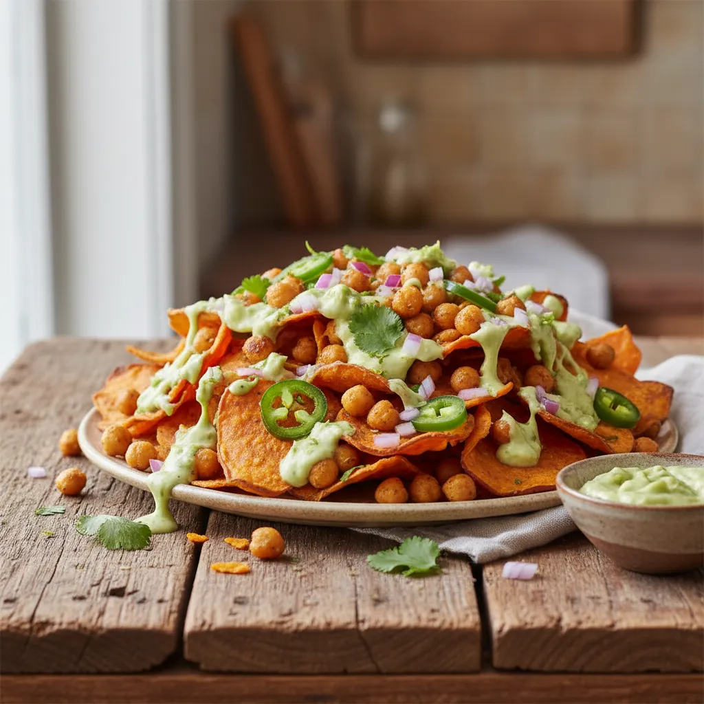 Crispy Chickpea and Sweet Potato Nachos with Avocado Crema