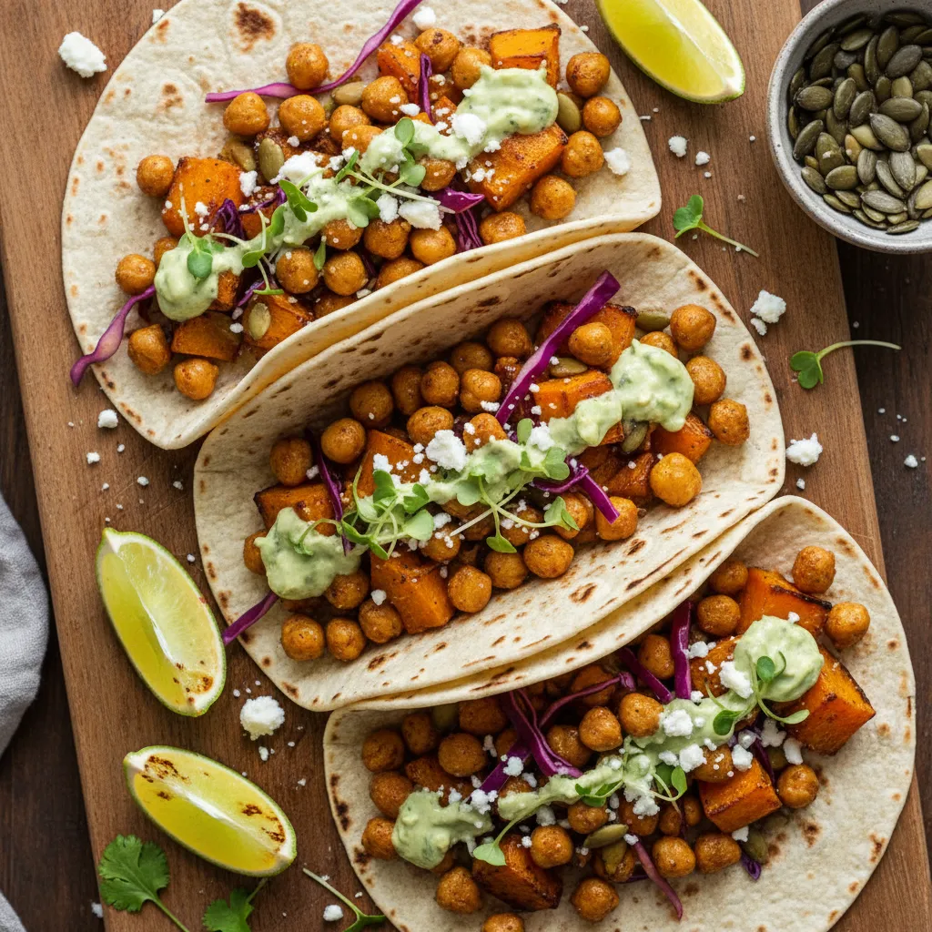 Crispy Chickpea and Winter Squash Tacos with Maple Avocado Cream