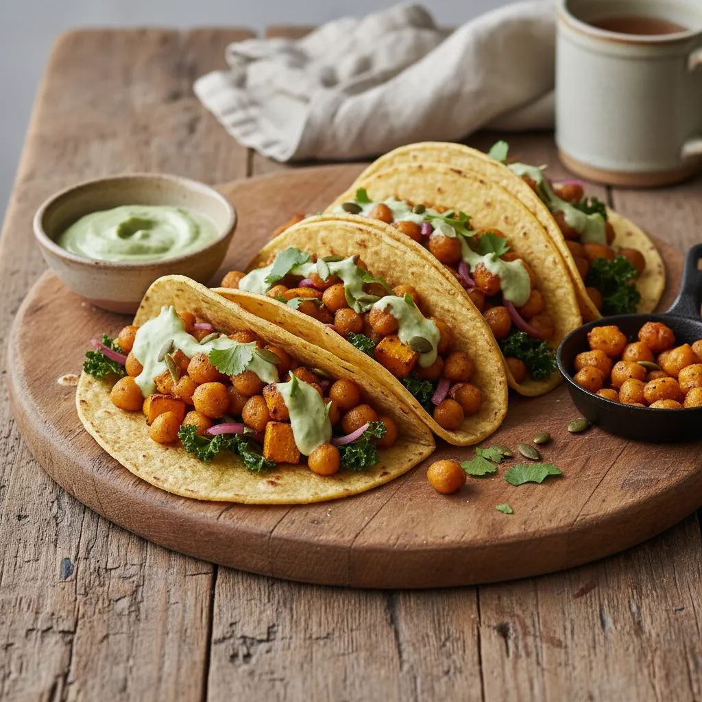 Crispy Chickpea and Winter Squash Tacos with Maple Avocado Cream