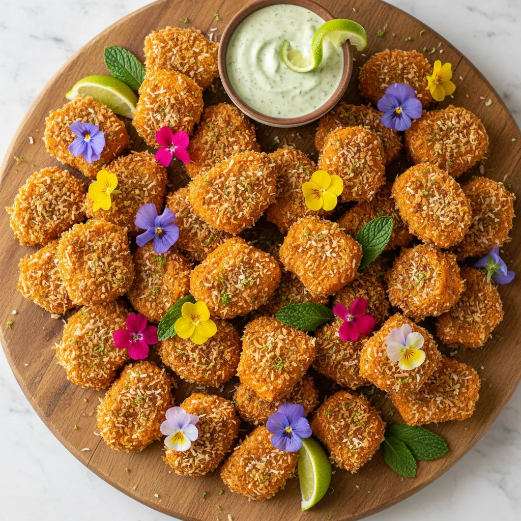 Crispy Coconut Lime Sweet Potato Bites with Edible Flower Garnish