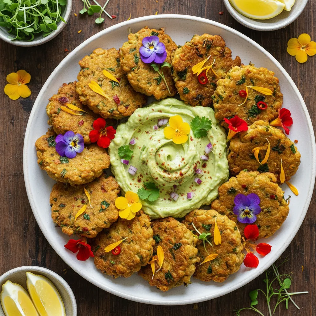 Crispy Edible Flower Chickpea Fritters with Tangy Avocado Dip