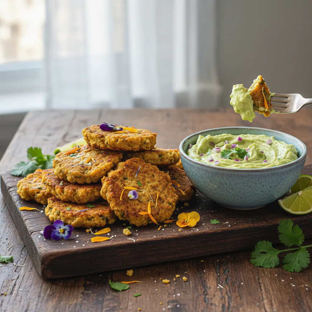 Crispy Edible Flower Chickpea Fritters with Tangy Avocado Dip