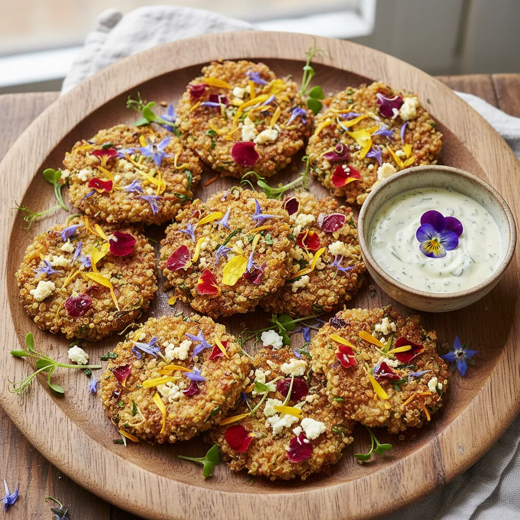 Crispy Edible Flower Feta Quinoa Bites