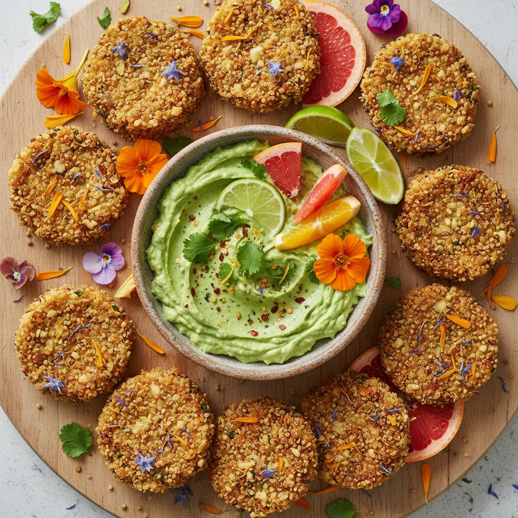 Crispy Edible Flower and Quinoa Bites with Avocado Citrus Dip