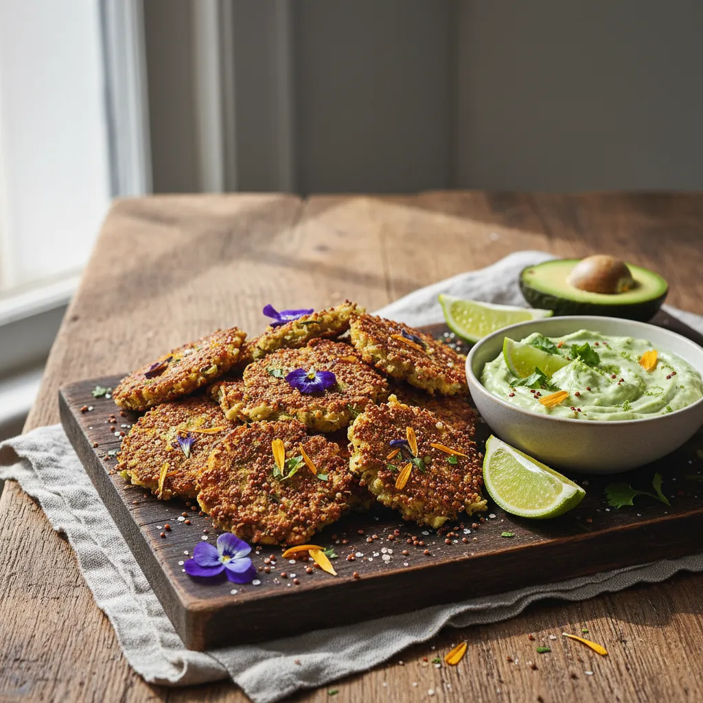 Crispy Edible Flower and Quinoa Bites with Avocado Citrus Dip