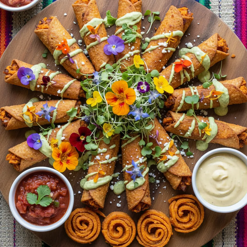 Crispy Edible Flower and Sweet Potato Taquitos
