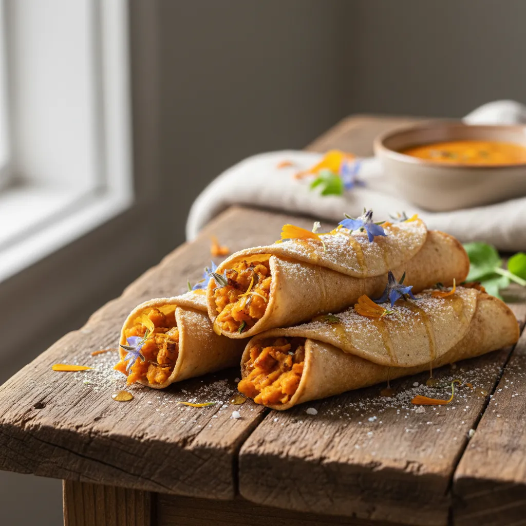 Crispy Edible Flower and Sweet Potato Taquitos