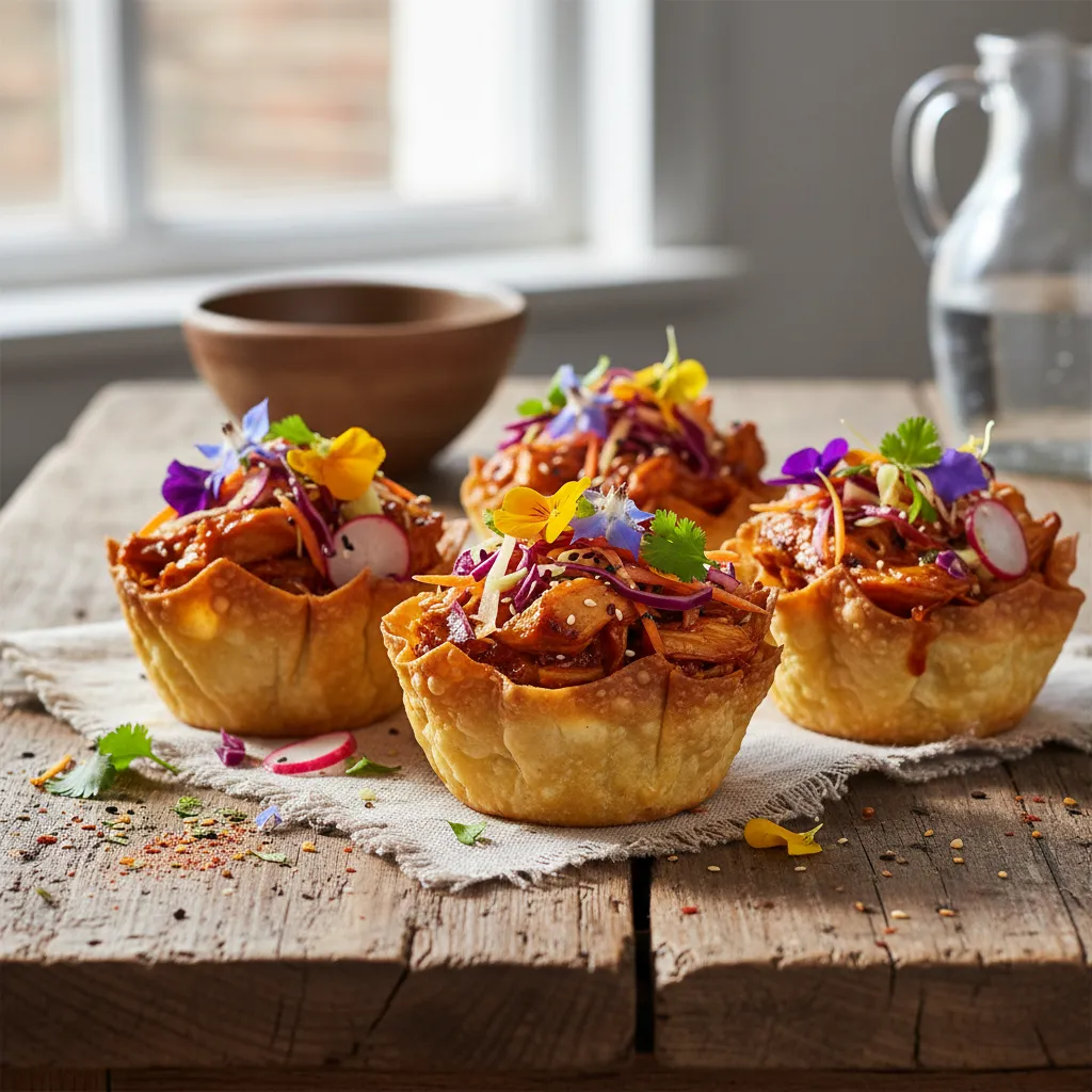 Crispy Jackfruit Taco Cups with Edible Flower Slaw