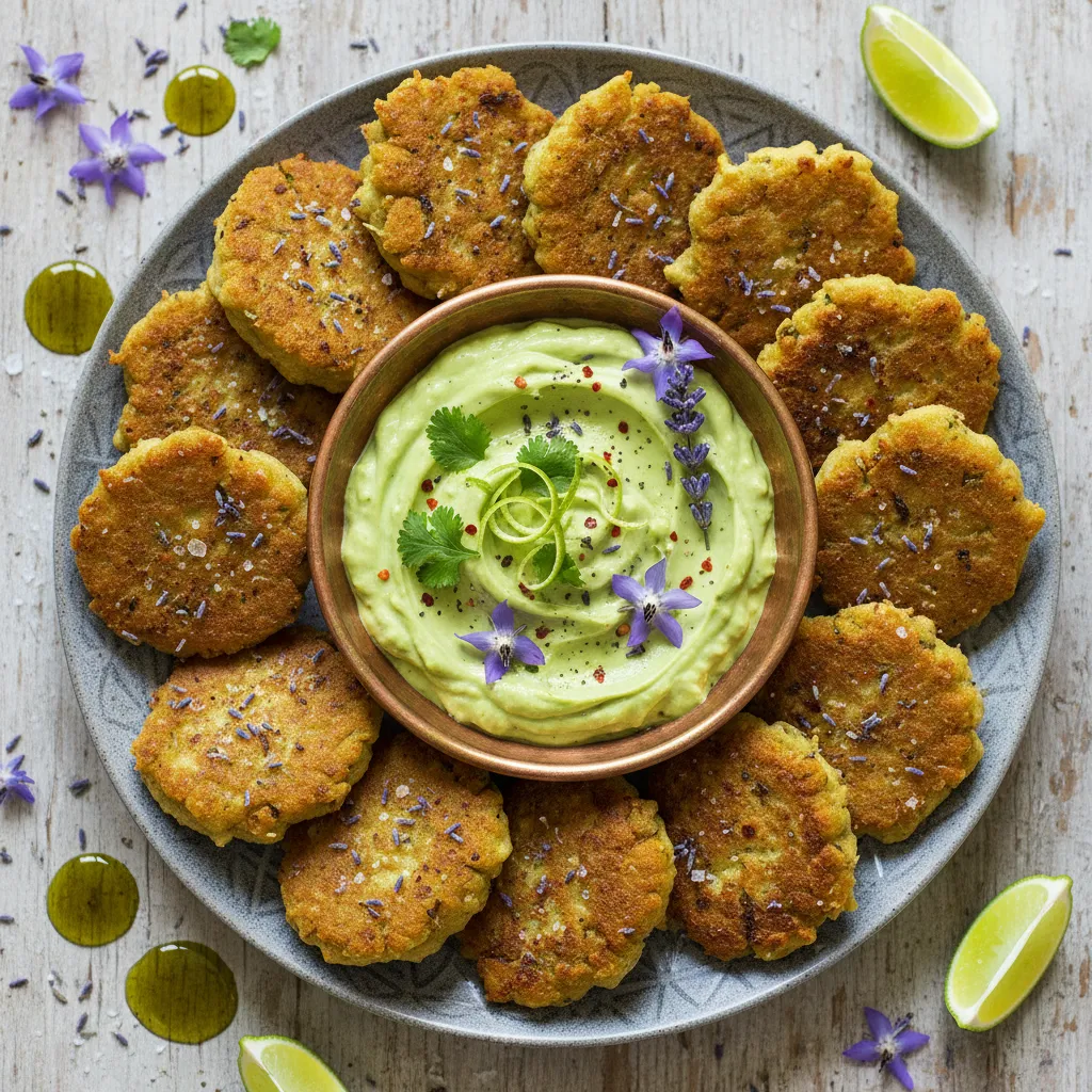 Crispy Lavender-Scented Chickpea Fritters with Avocado Lime Dip