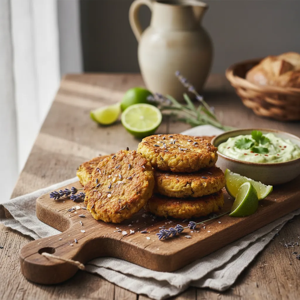 Crispy Lavender-Scented Chickpea Fritters with Avocado Lime Dip