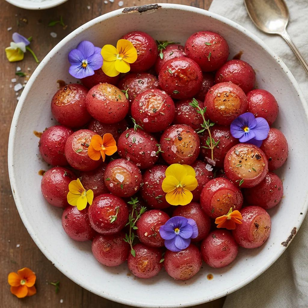 Crispy Maple-Balsamic Roasted Radishes with Edible Flower Garnish