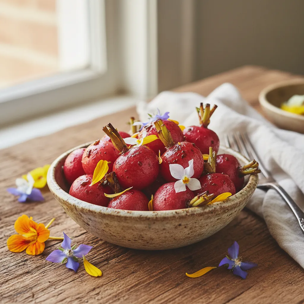 Crispy Maple-Balsamic Roasted Radishes with Edible Flower Garnish
