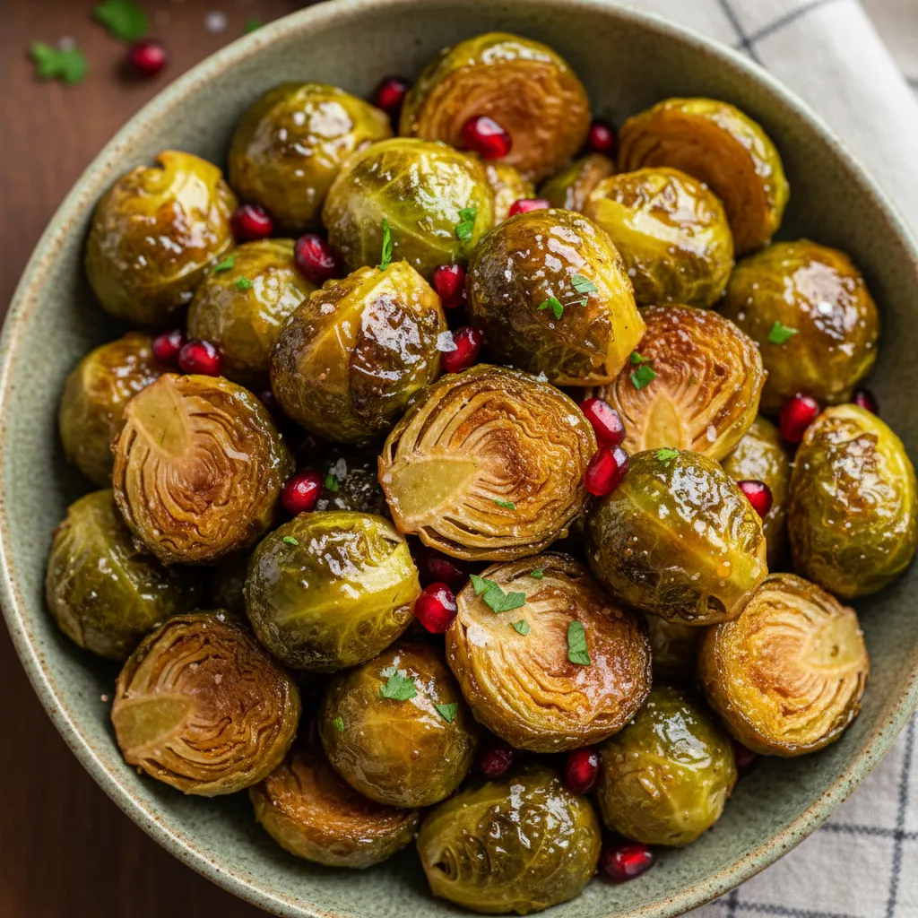 Crispy Maple-Glazed Brussels Sprouts with Pomegranate Seeds