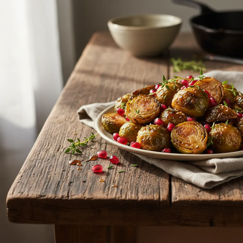 Crispy Maple-Glazed Brussels Sprouts with Pomegranate Seeds