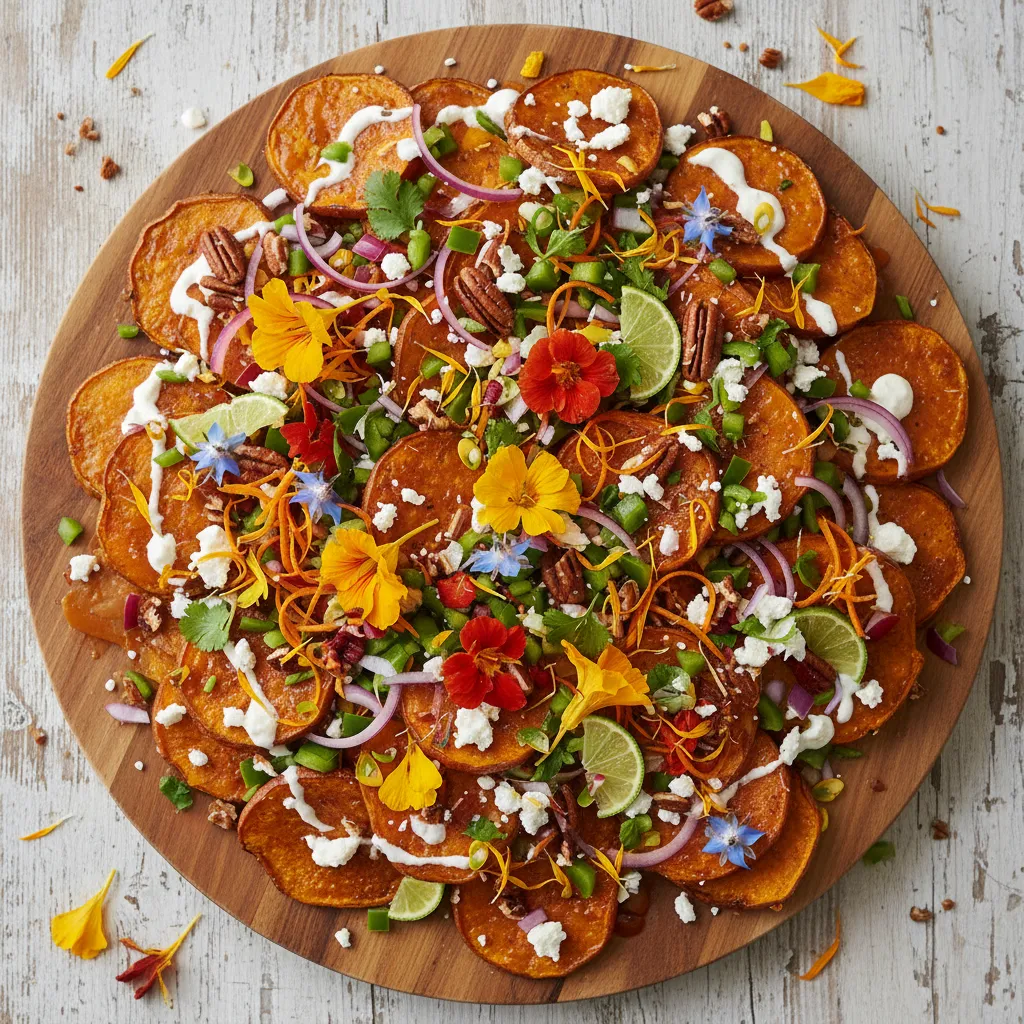Crispy Maple-Infused Sweet Potato Nacho Platter with Edible Flower Salsa