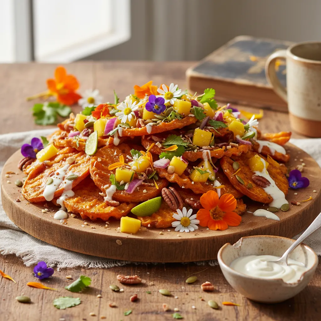 Crispy Maple-Infused Sweet Potato Nacho Platter with Edible Flower Salsa