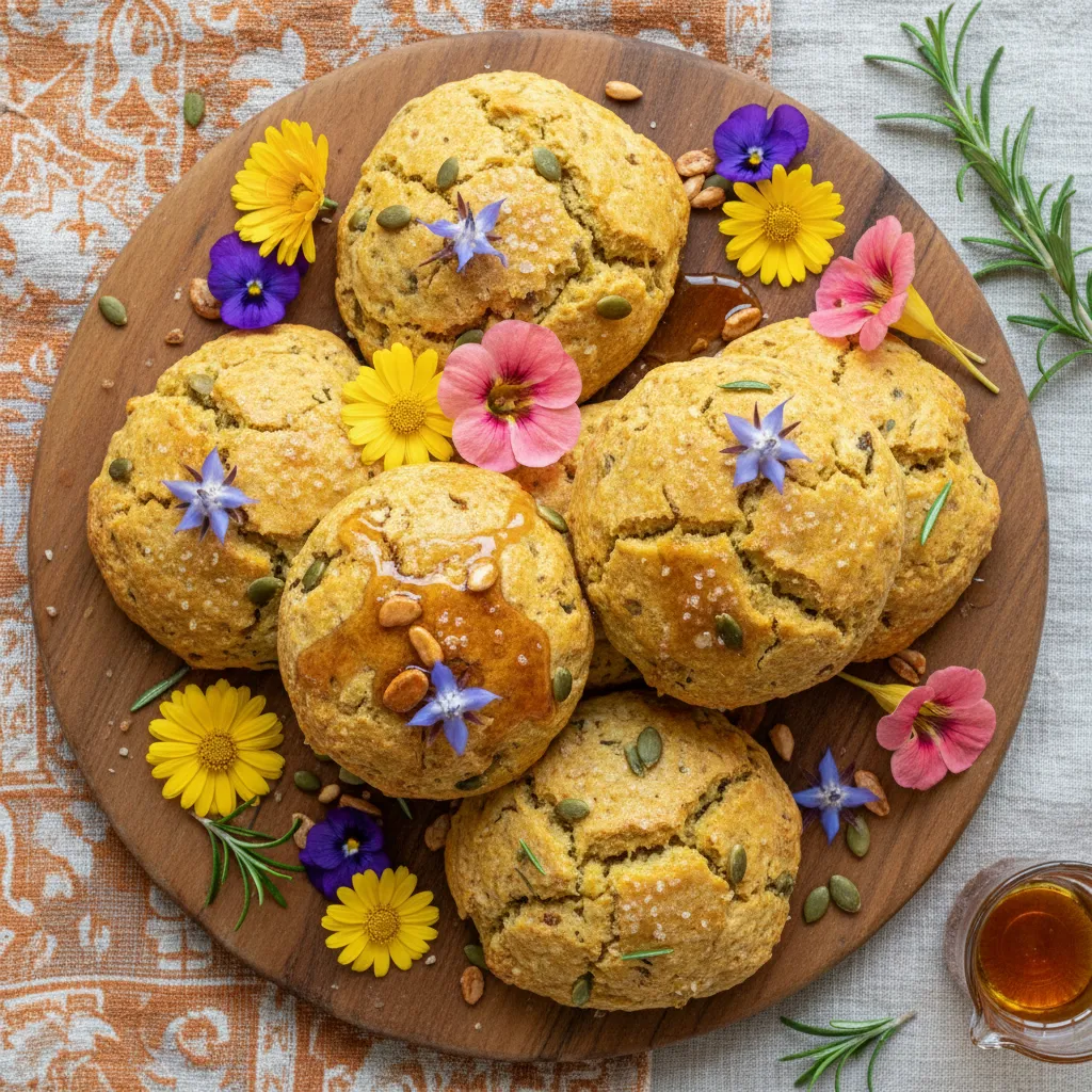 Crispy Maple Rosemary Pumpkin Scones with Edible Flowers