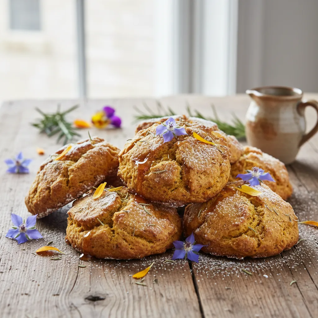 Crispy Maple Rosemary Pumpkin Scones with Edible Flowers