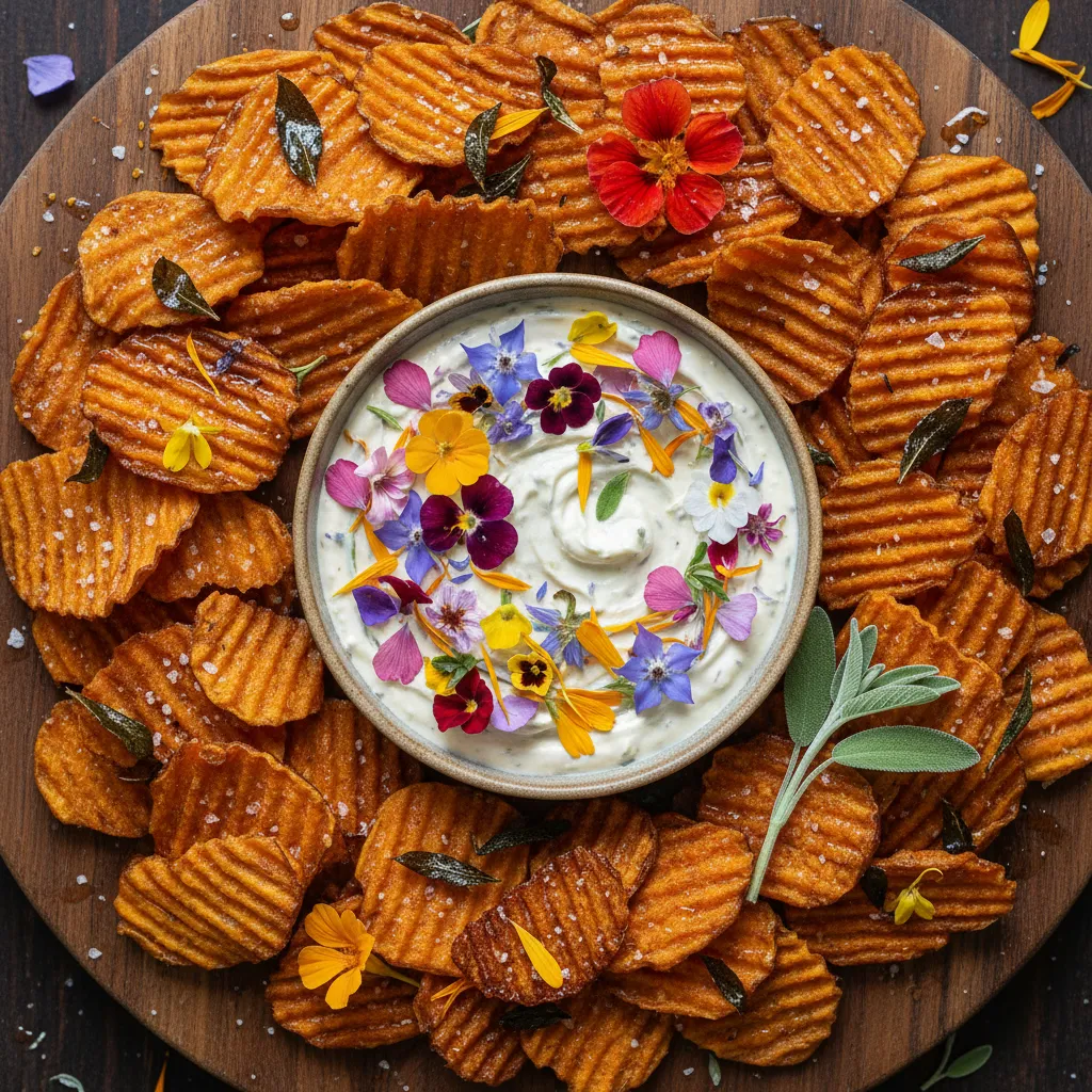 Crispy Maple Sage Sweet Potato Chips with Edible Flower Dip