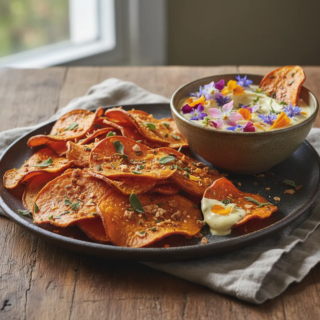 Crispy Maple Sage Sweet Potato Chips with Edible Flower Dip