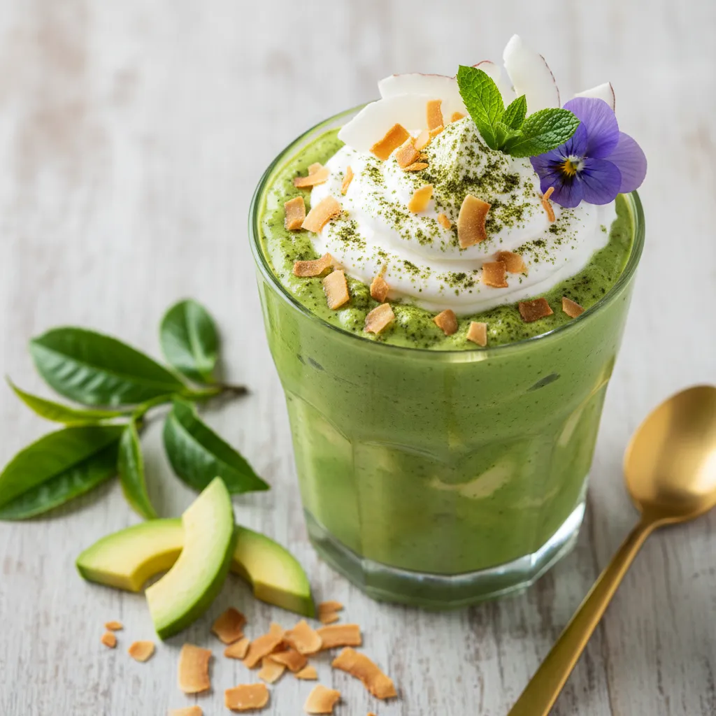 Crispy Matcha Avocado Smoothie with Coconut Whip