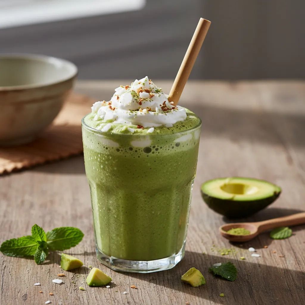 Crispy Matcha Avocado Smoothie with Coconut Whip