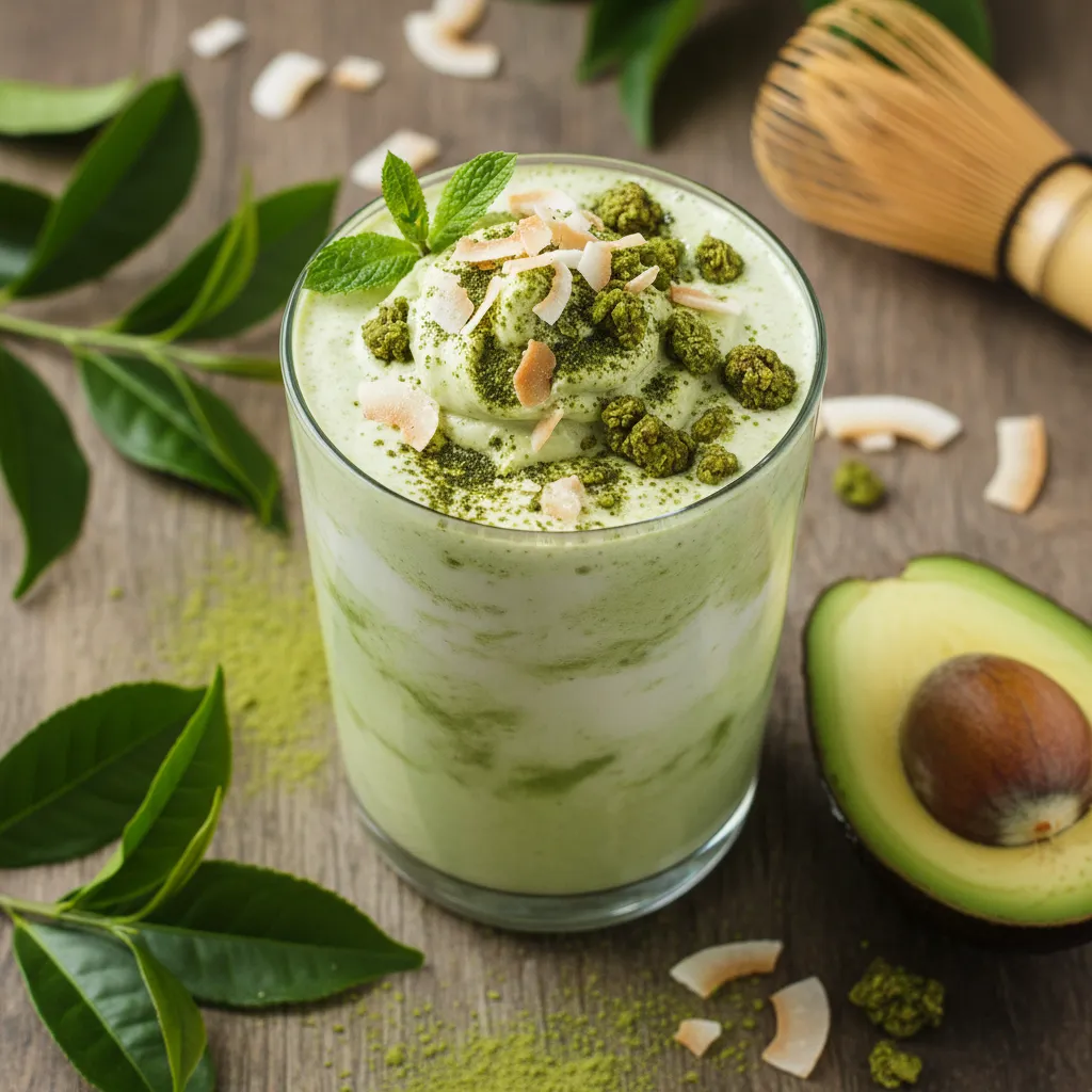 Crispy Matcha Green Tea Coconut Smoothie with Avocado Whip
