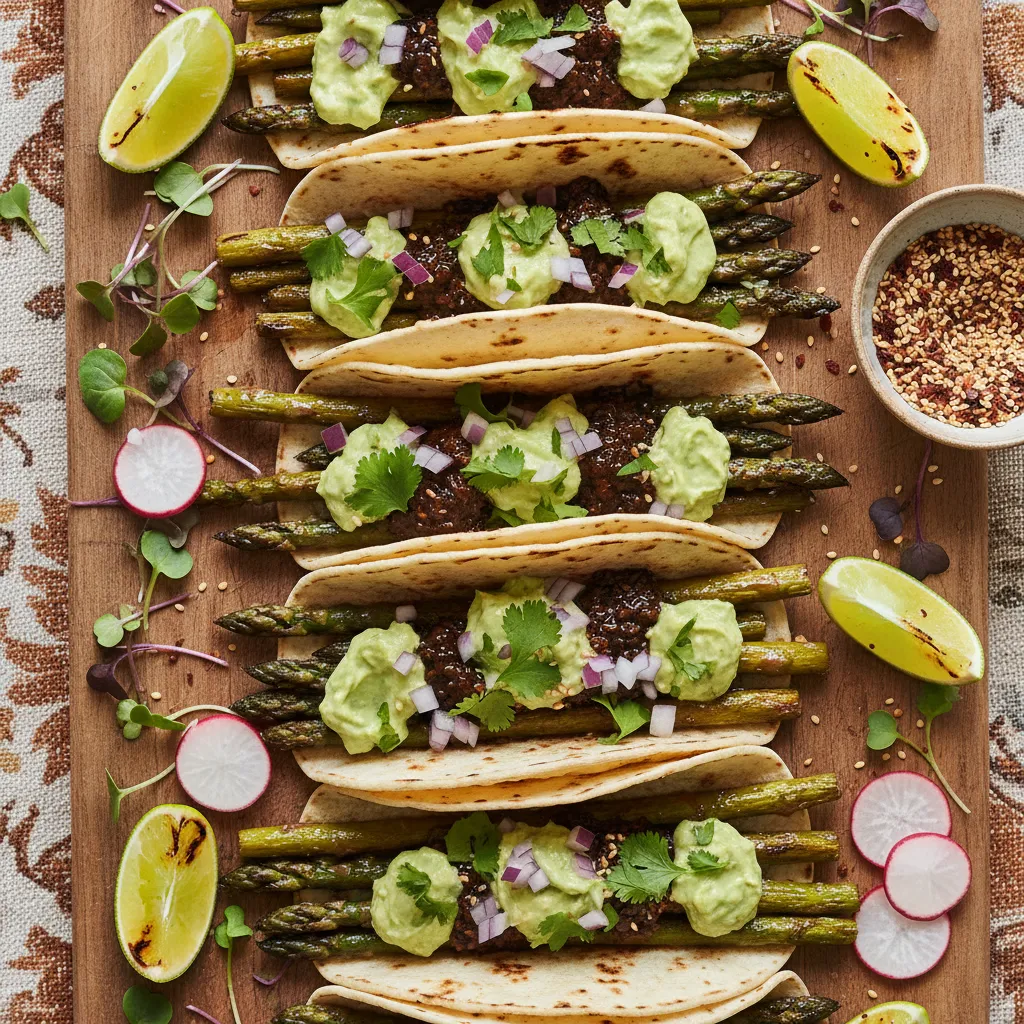 Crispy Miso-Glazed Asparagus Tacos with Avocado Cream