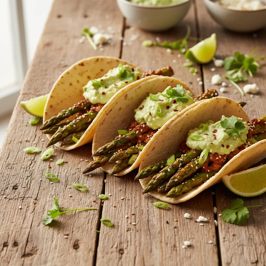 Crispy Miso-Glazed Asparagus Tacos with Avocado Cream