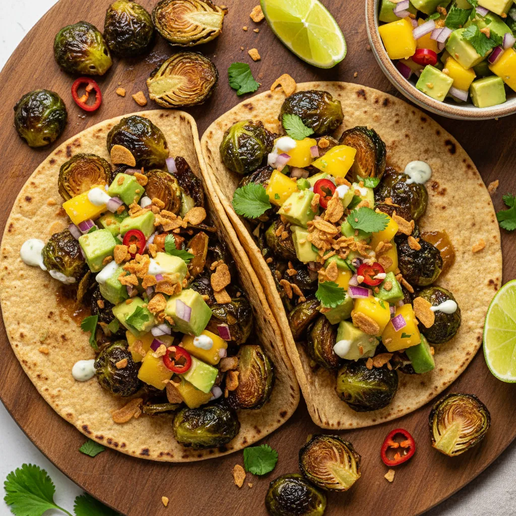Crispy Miso-Glazed Brussels Sprouts Tacos with Avocado Mango Salsa