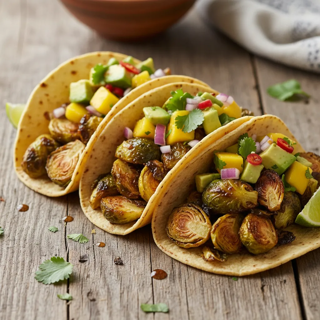 Crispy Miso-Glazed Brussels Sprouts Tacos with Avocado Mango Salsa