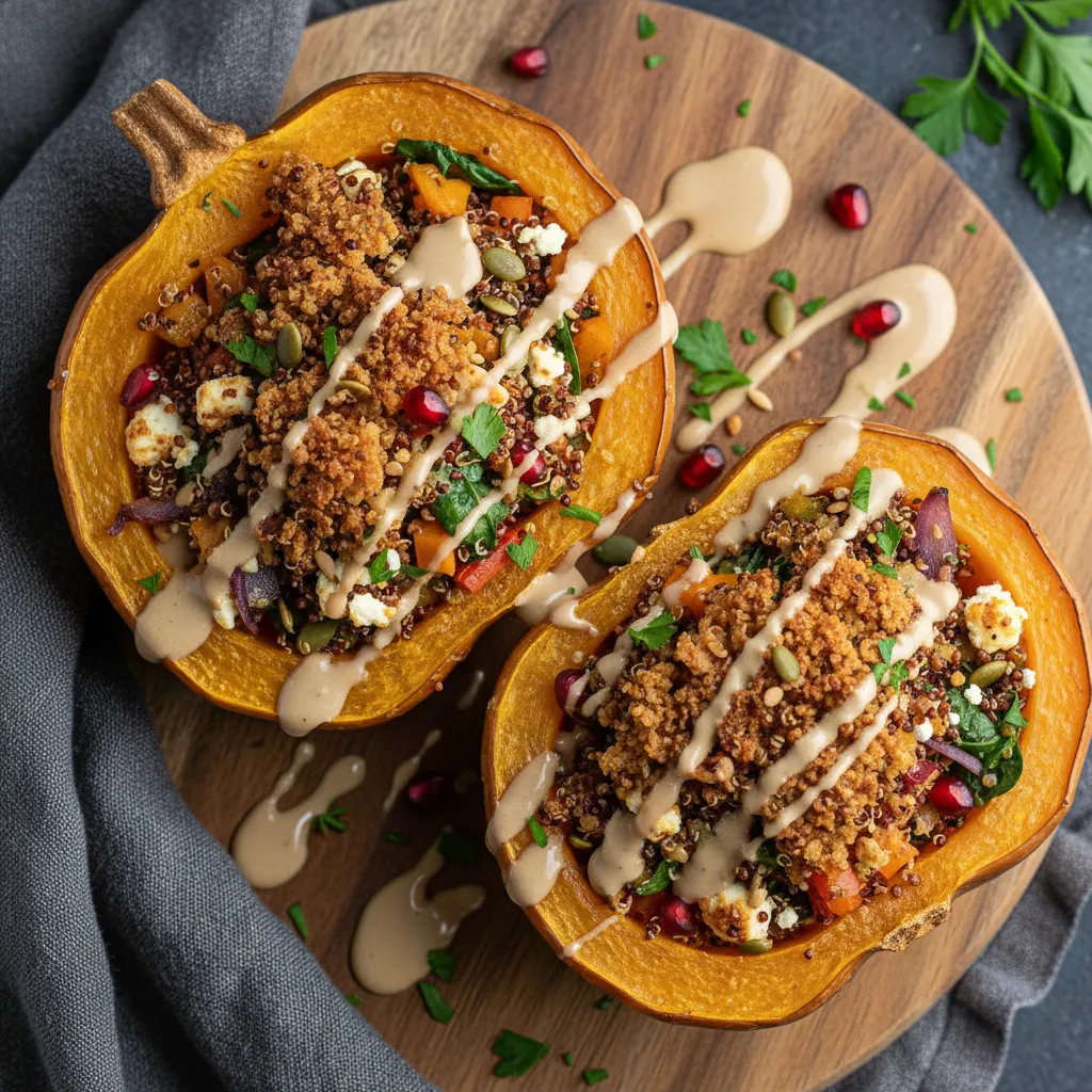 Crispy Quinoa-Stuffed Acorn Squash with Maple Tahini Drizzle