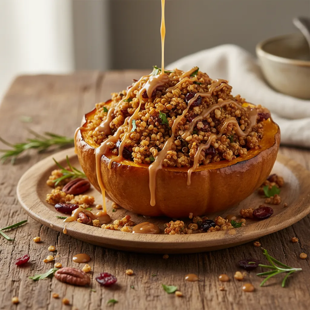 Crispy Quinoa-Stuffed Acorn Squash with Maple Tahini Drizzle