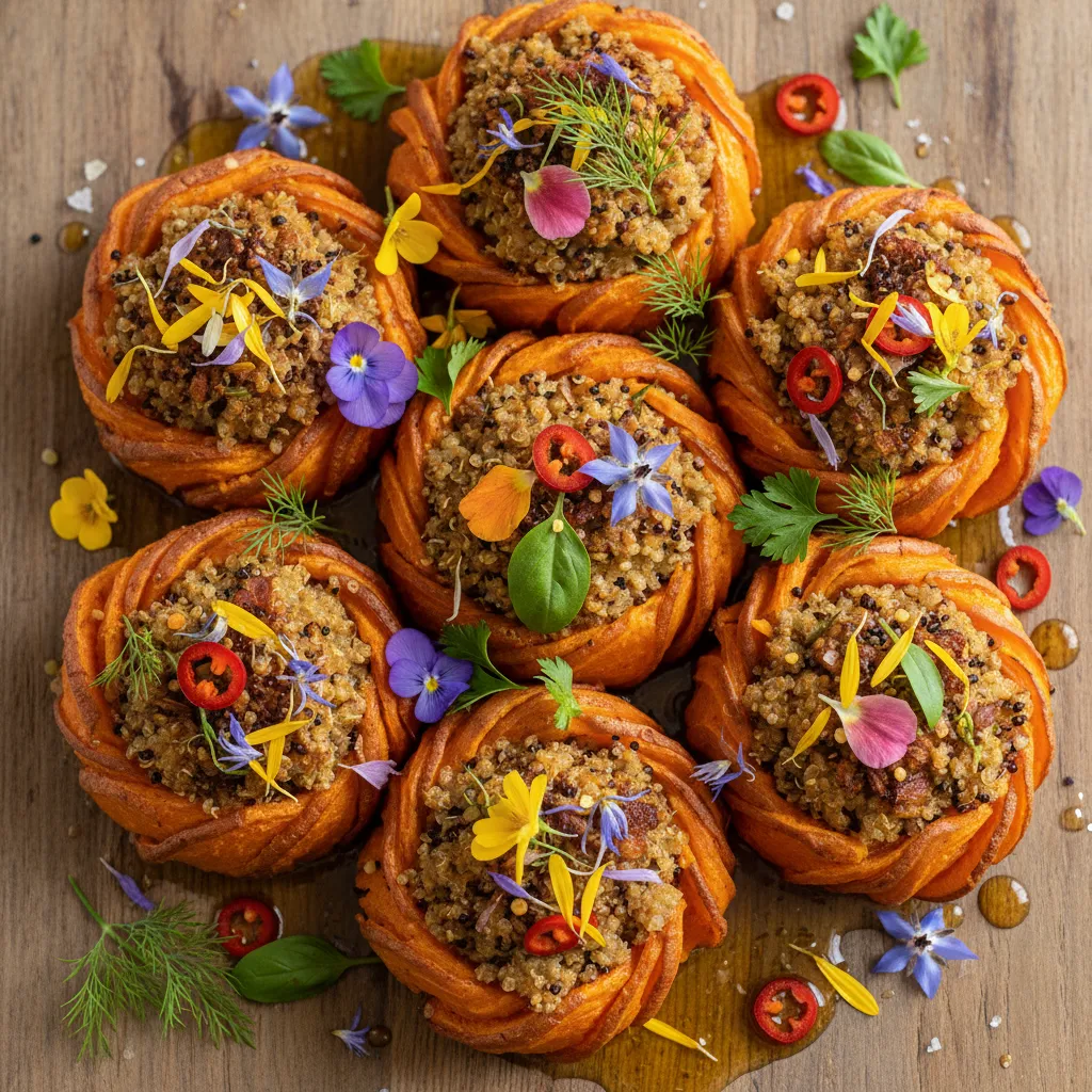 Crispy Quinoa-Stuffed Sweet Potato Blossoms with Edible Flower Vinaigrette